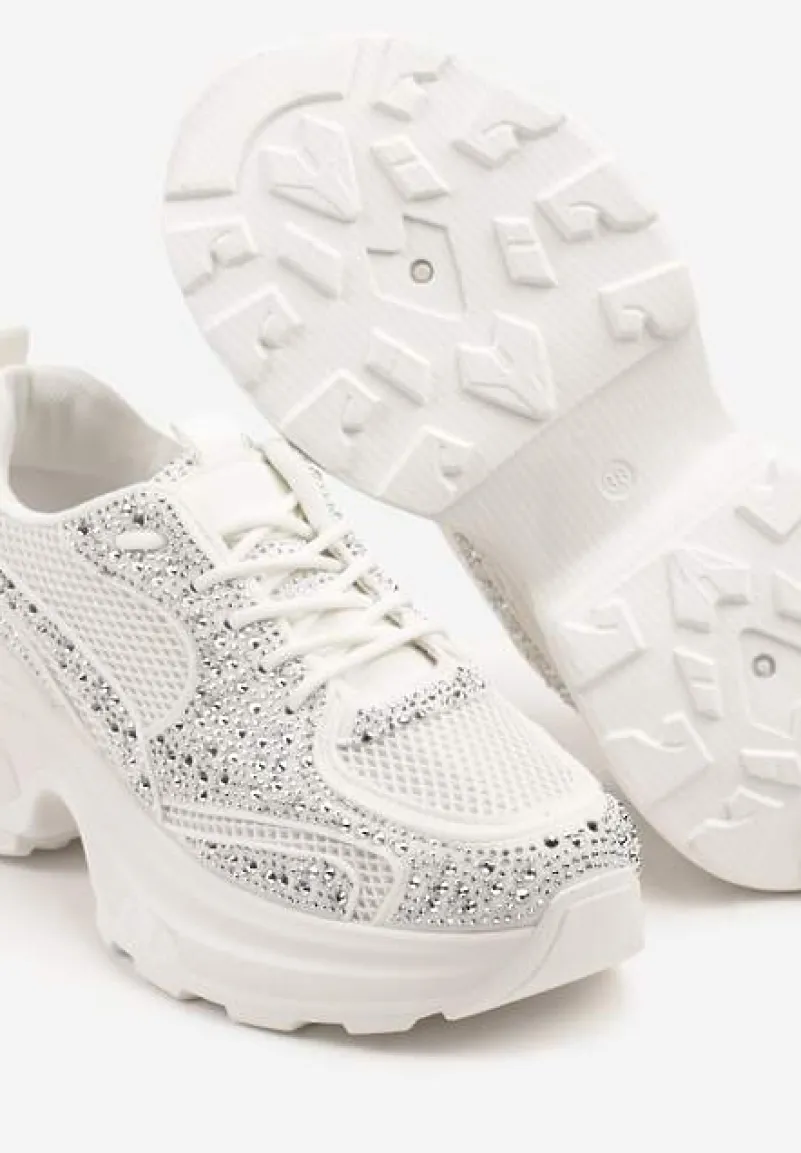Białe Sneakersy na Platformie Ozdobione Cyrkoniami Luria