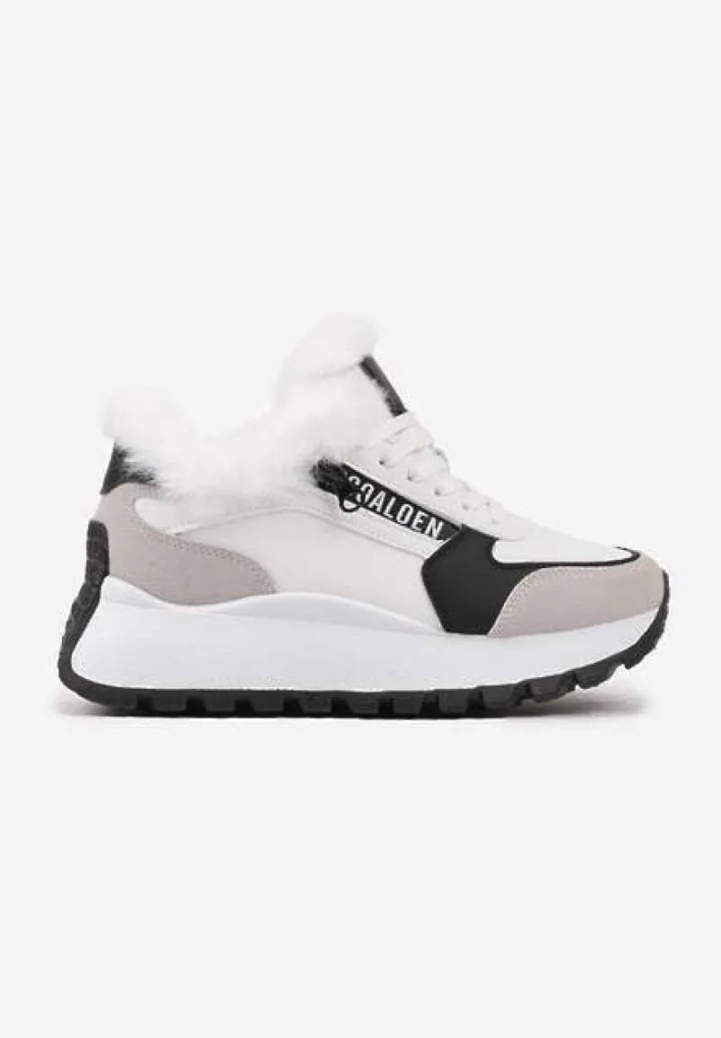 Białe Sneakersy na Platformie z Napisem Sznurowaniem i Futerkiem Vazina