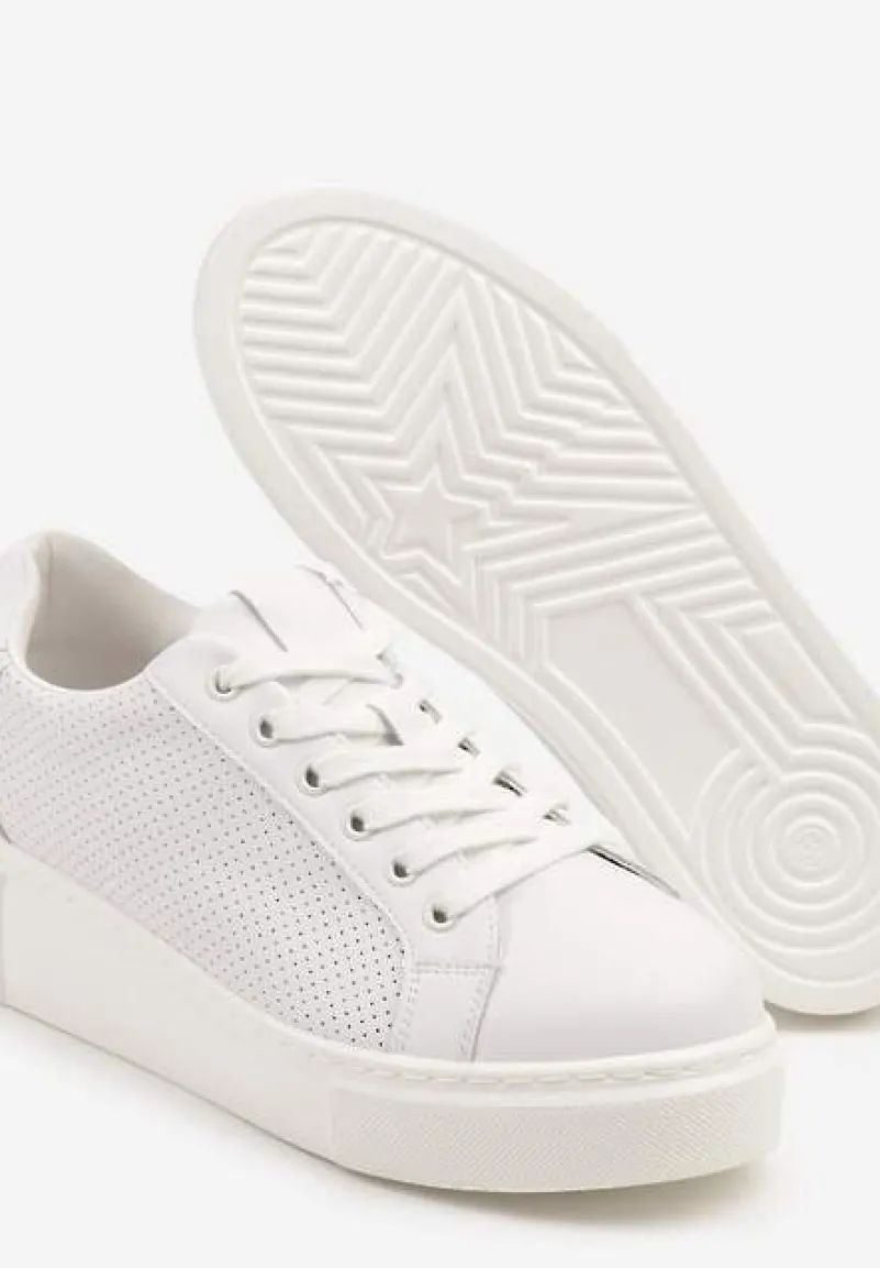 Białe Sneakersy Skórzane na Platformie z Ozdobą i Perforacją Neolivia