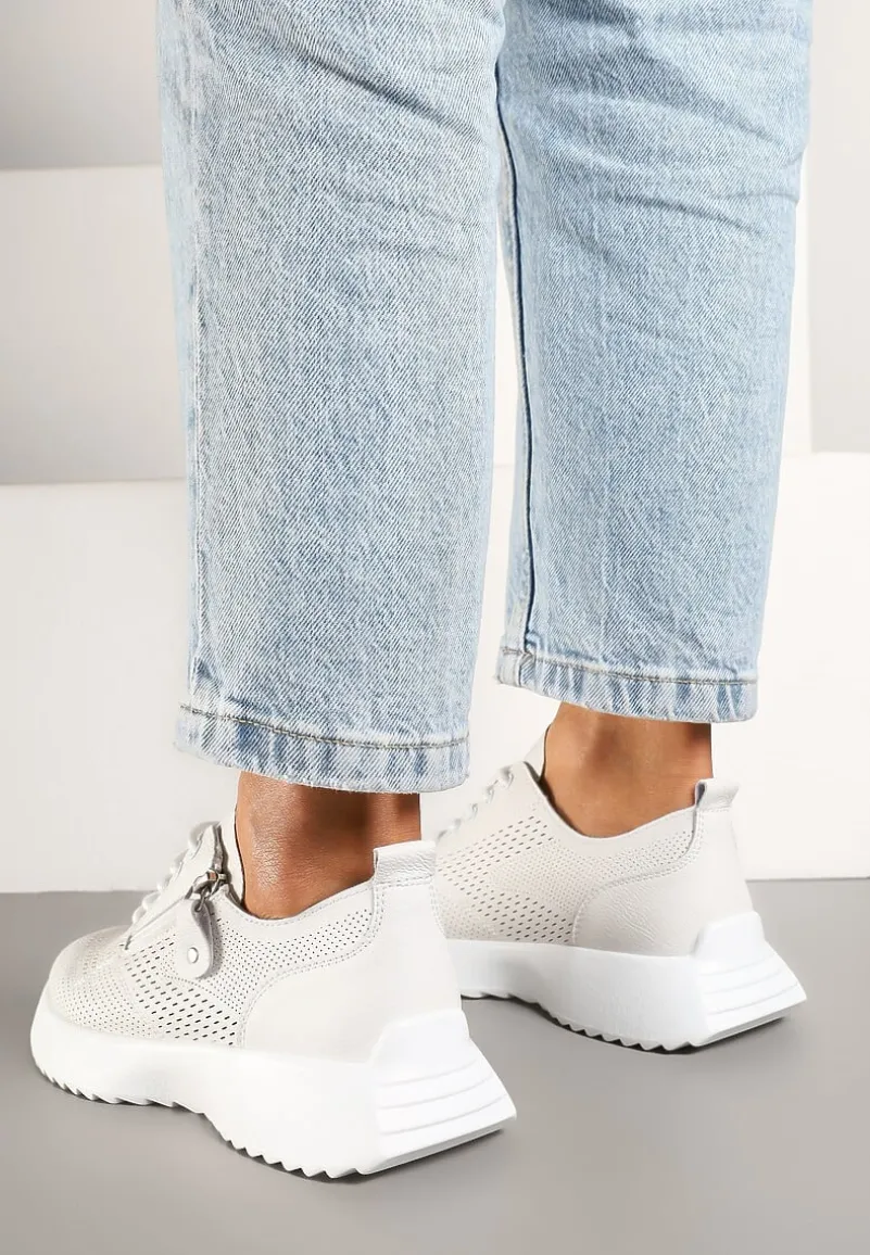 Białe Sneakersy Skórzane Ozdobione Suwakiem Ivelami