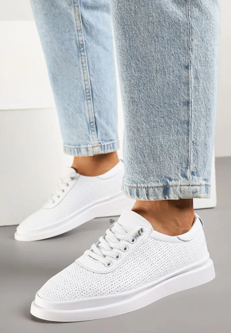 Białe Sneakersy Skórzane z Perforacją i Ozdobą Neorielina