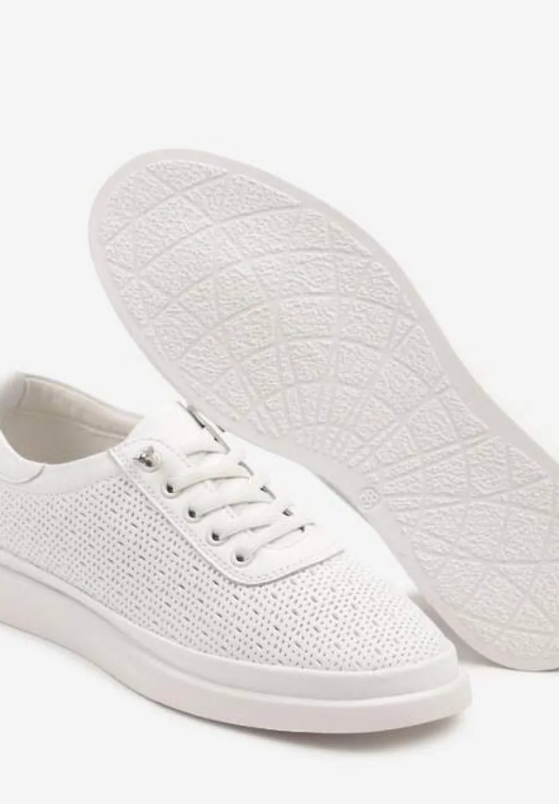 Białe Sneakersy Skórzane z Perforacją i Ozdobą Neorielina