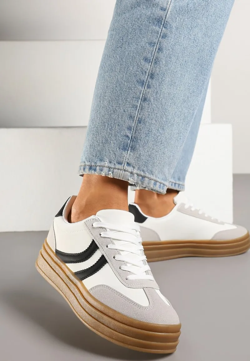 Białe Sneakersy Typu Kultowe Tenisówki na Grubej Podeszwie z Tłoczeniem Lisanitea