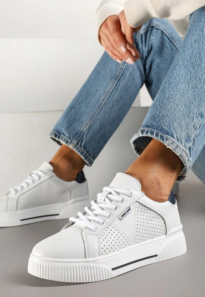Białe Sneakersy Typu Tenisówki ze Skóry Naturalnej z Ozdobną Perforacją Vivallie