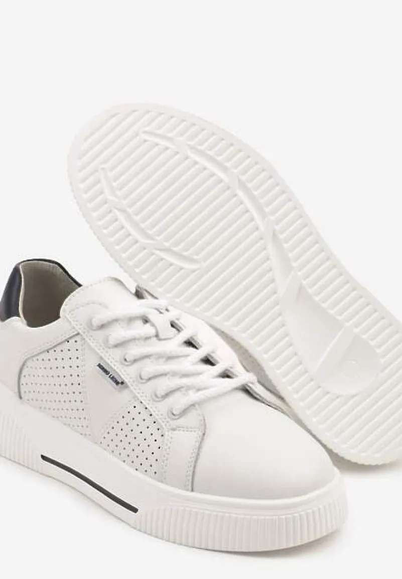 Białe Sneakersy Typu Tenisówki ze Skóry Naturalnej z Ozdobną Perforacją Vivallie
