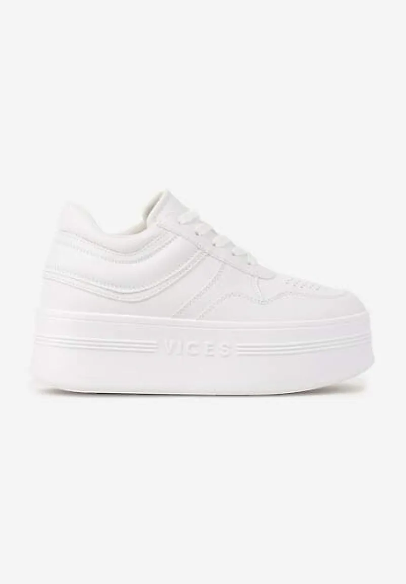 Białe Sneakersy Vices na Platformie z Tłoczonym Napisem ze Sznurowaniem Eanneth