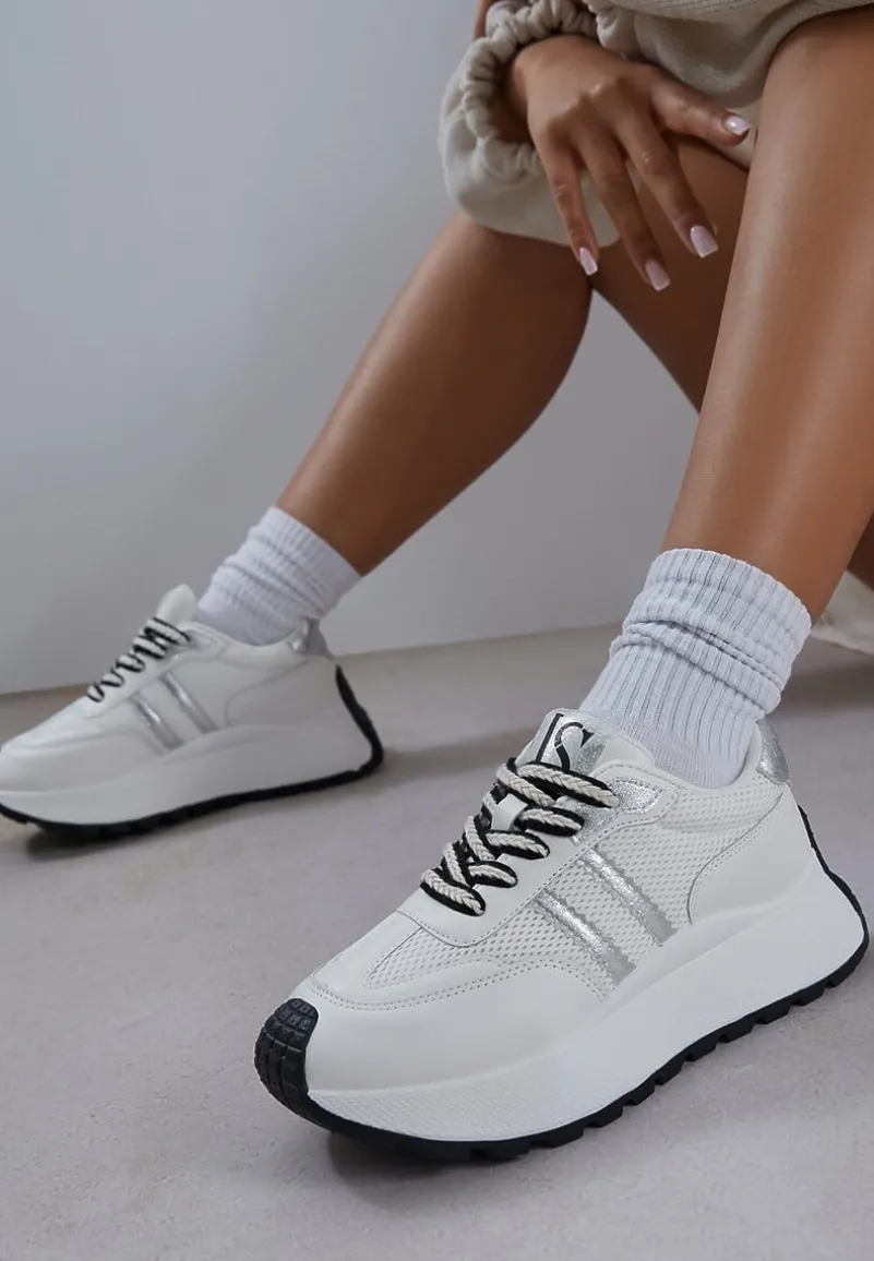 Białe Sneakersy Vices na Platformie z Metalicznymi Paskami Lenela