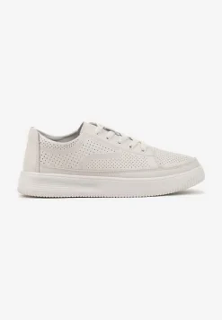 Białe Sneakersy ze Skóry Naturalnej z Perforacją na Niskiej Platformie Melanitia