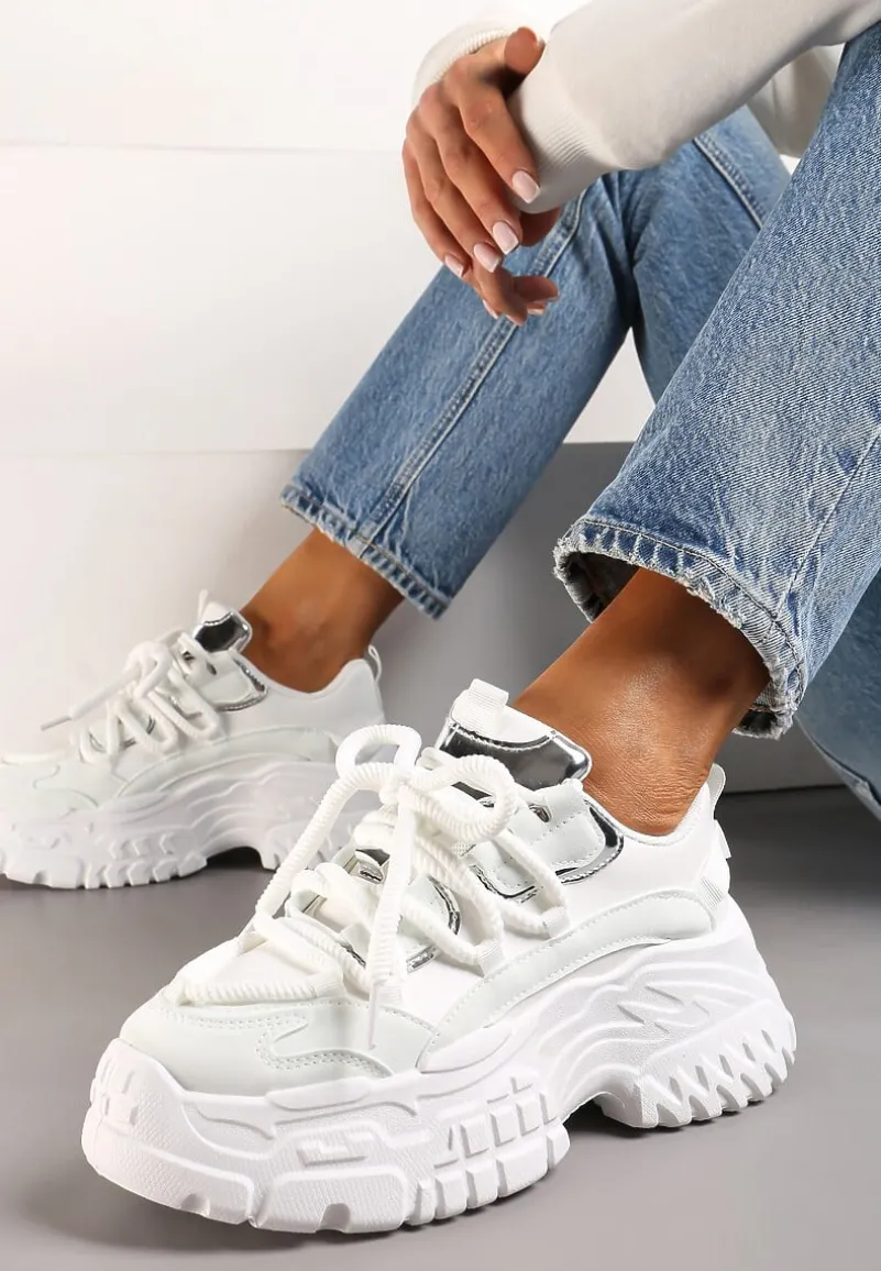 Białe Sneakersy z Grubymi Sznurówkami na Niskiej Platformie Lasandre