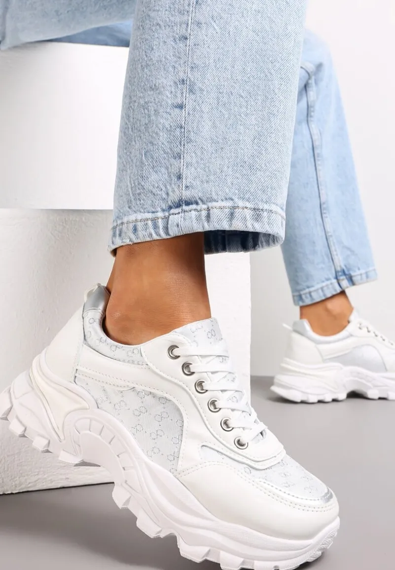 Białe Sneakersy z Metaliczną Nitką na Grubej Podeszwie Melimeda