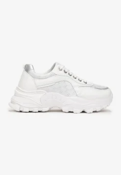 Białe Sneakersy z Metaliczną Nitką na Grubej Podeszwie Melimeda