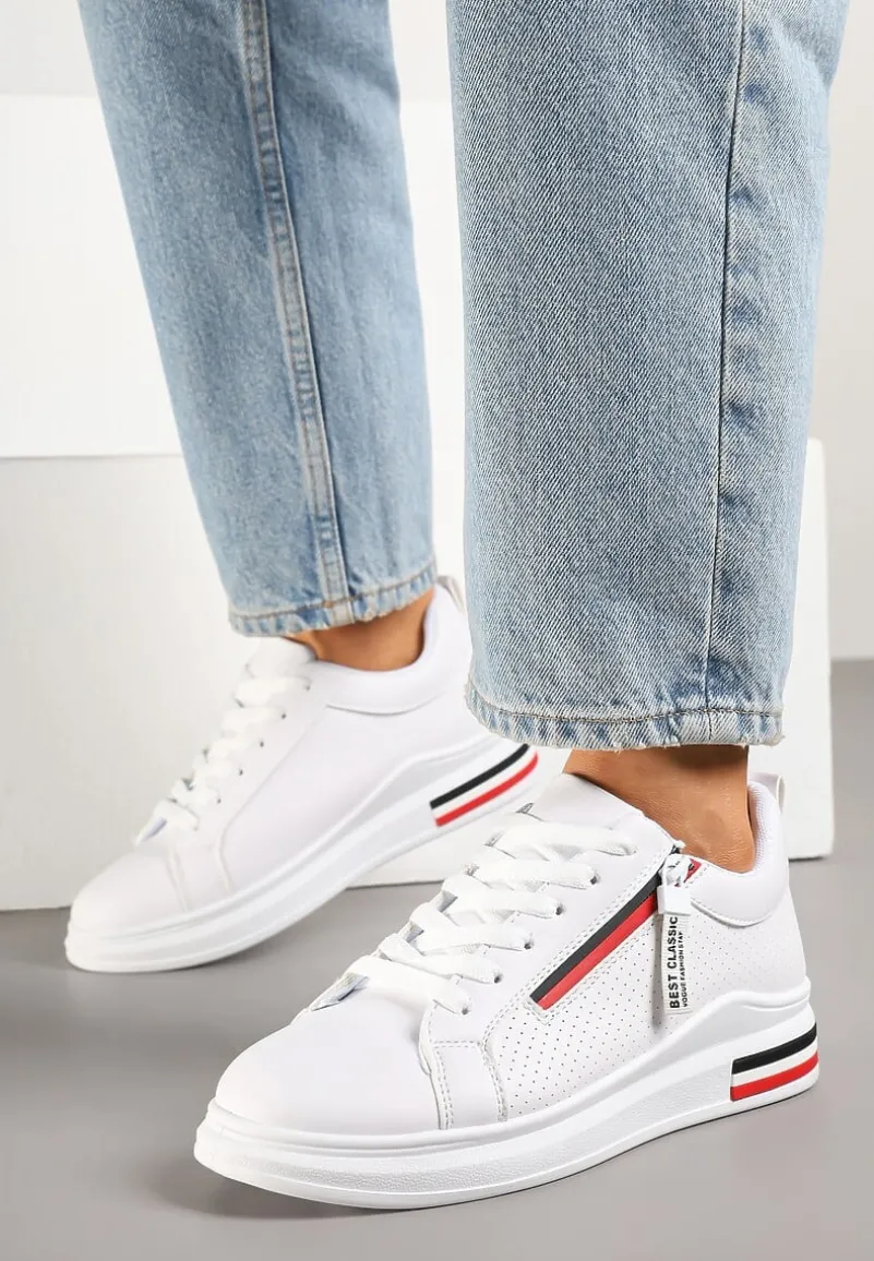 Białe Sneakersy z Ozdobnymi Napisami Suwakiem i Paskami Tosime