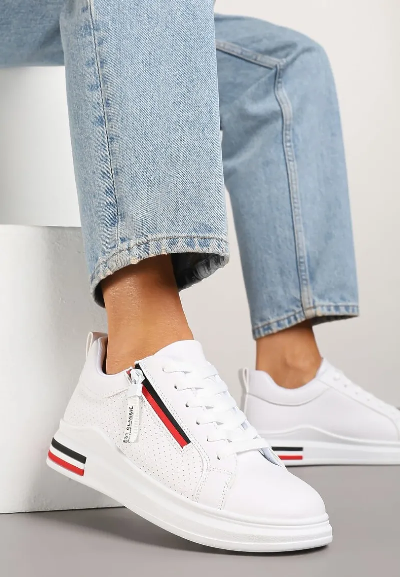 Białe Sneakersy z Ozdobnymi Napisami Suwakiem i Paskami Tosime