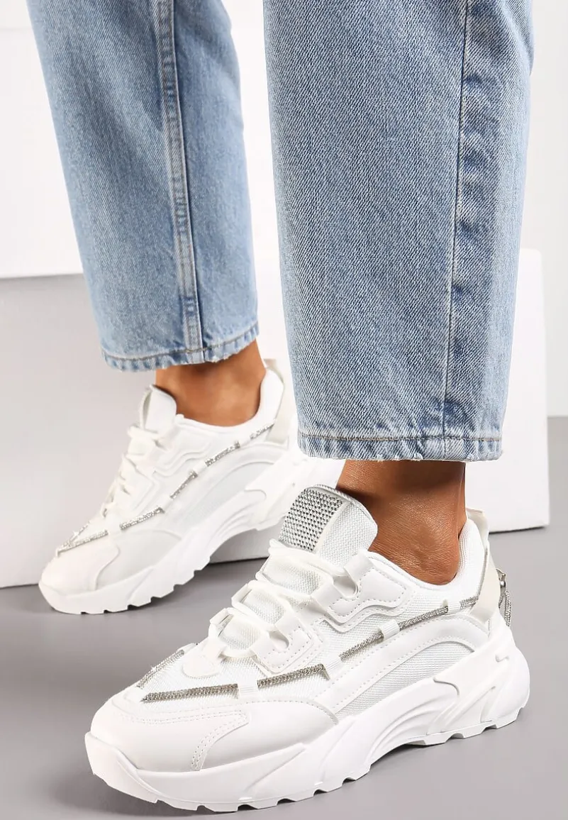 Białe Sneakersy z Ozdobnym Sznurkiem z Cyrkoniami Saerina
