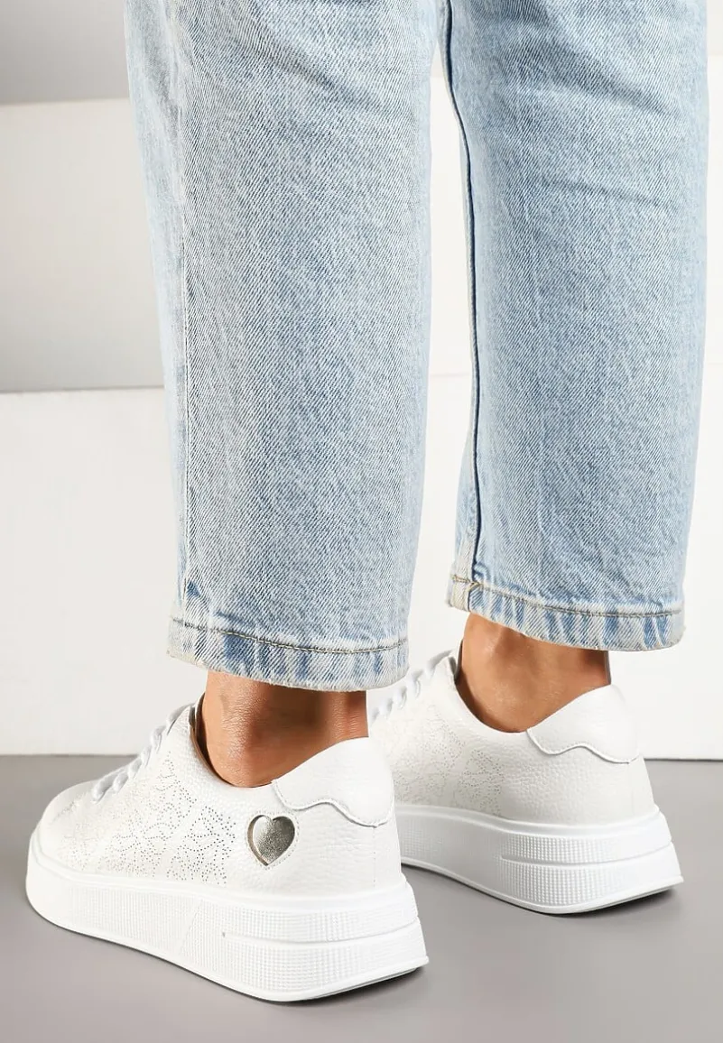 Białe Sneakersy z Wkładką ze Skóry Naturalnej Ozdobione Cyrkoniami i Sercem Tiralia