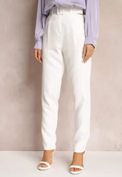 Białe Spodnie Garniturowe High Waist z Paskiem Wenus