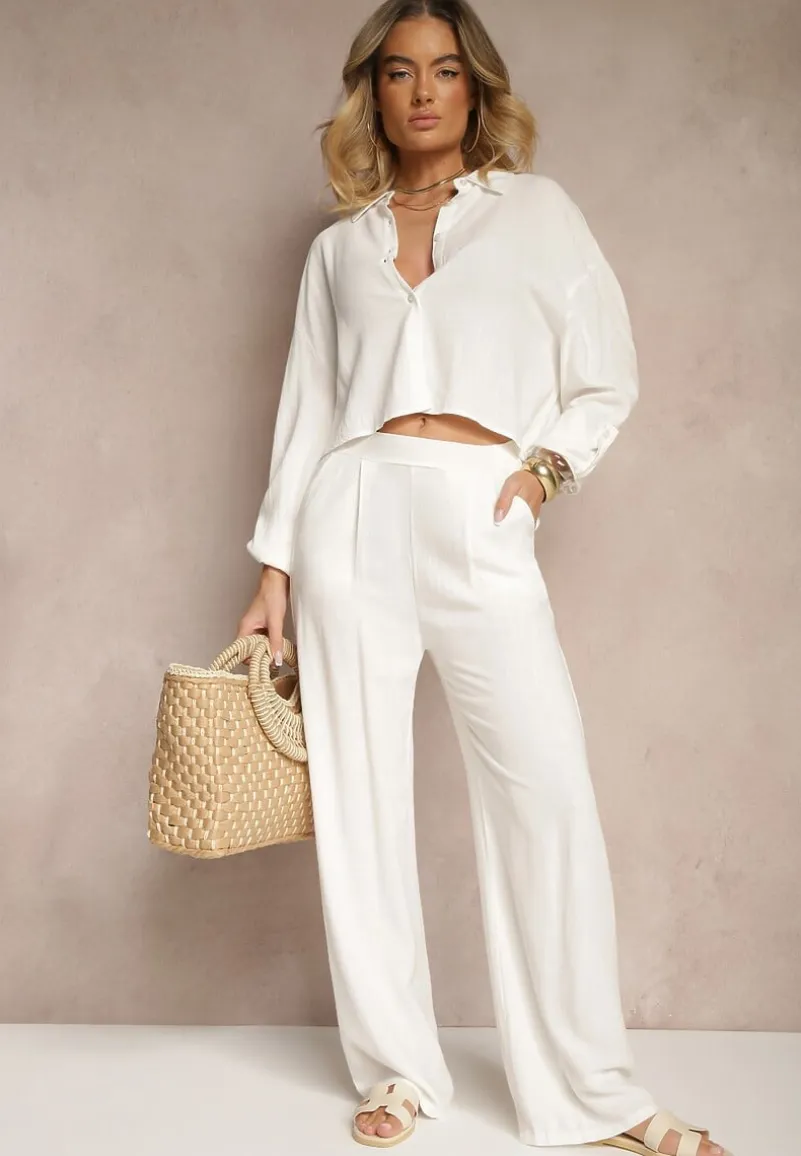 Białe Spodnie z Lnem i Bawełną o Szerokim Kroju High Waist Sallieta