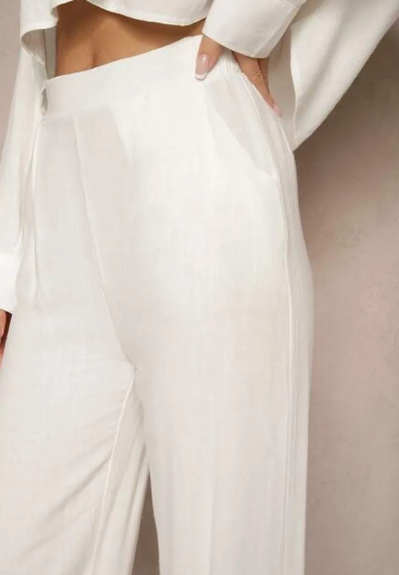 Białe Spodnie z Lnem i Bawełną o Szerokim Kroju High Waist Sallieta