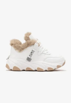 Białe Sznurowane Sneakersy Chunky z Futerkiem i Grubą Podeszwą Nimfore