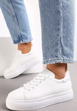 Białe Sznurowane Sneakersy z Cholewką przed Kostkę Narelina