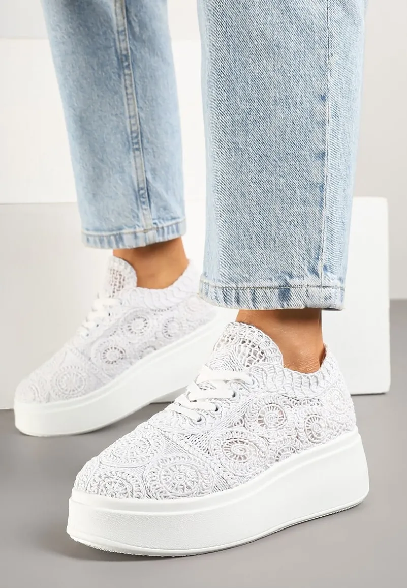Białe Szydełkowe Sneakersy Typu Tenisówki na Platformie Filalena