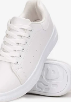 Białe Wiązane Sneakersy na Płaskiej Podeszwie z Modną Wstawką Zanelih