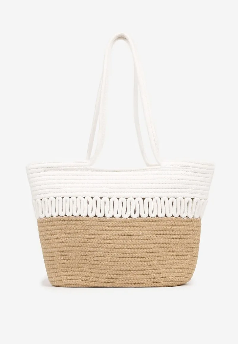 Biało-Beżowa Plażowa Torebka Shopper z Bawełny Ozdobiona Paskami Liravela