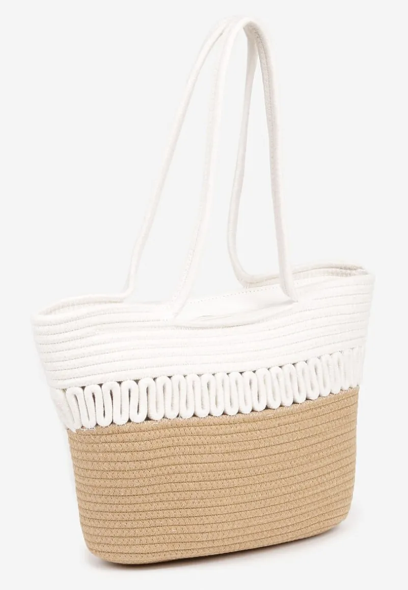 Biało-Beżowa Plażowa Torebka Shopper z Bawełny Ozdobiona Paskami Liravela