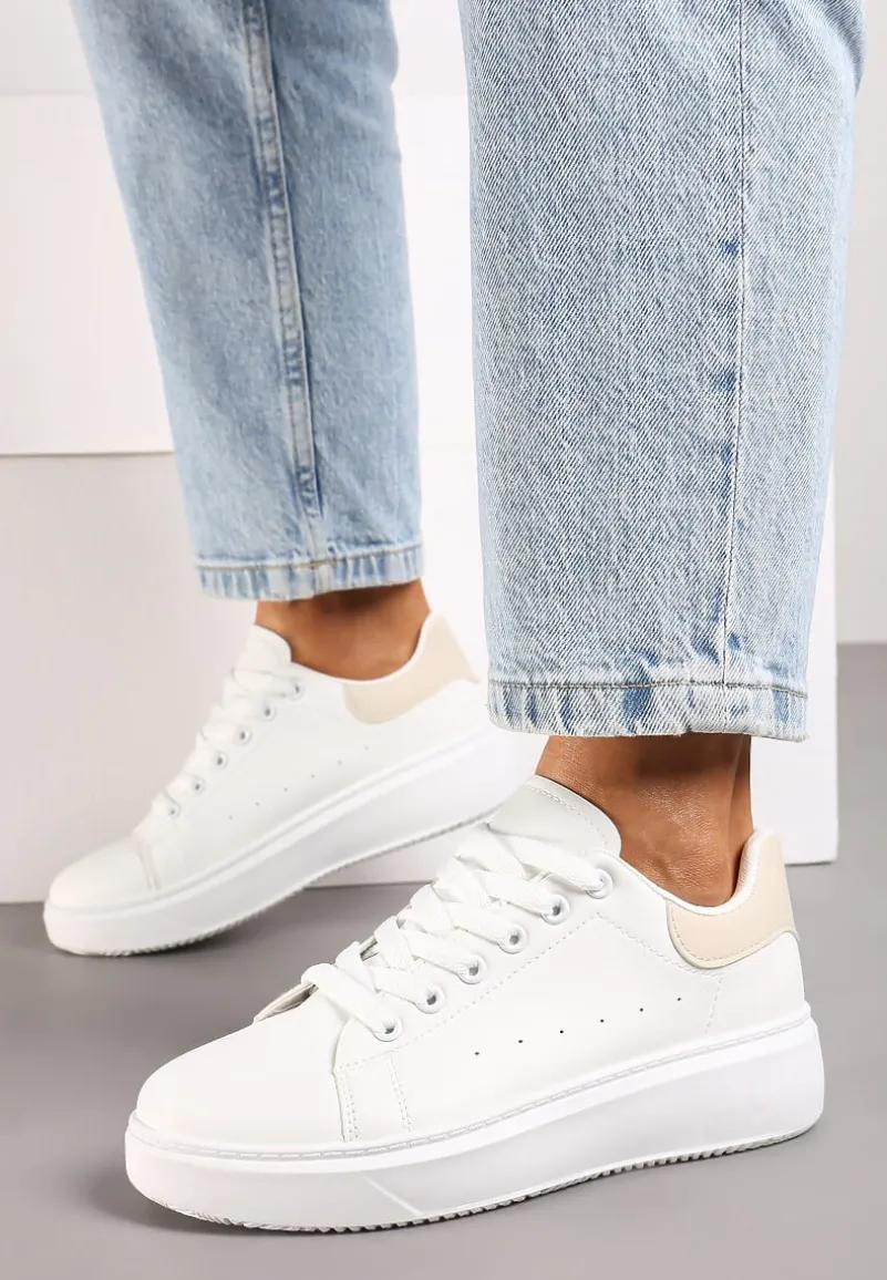 Biało-Beżowe Casualowe Sneakersy na Platformie ze Sznurowaniem Tialorae
