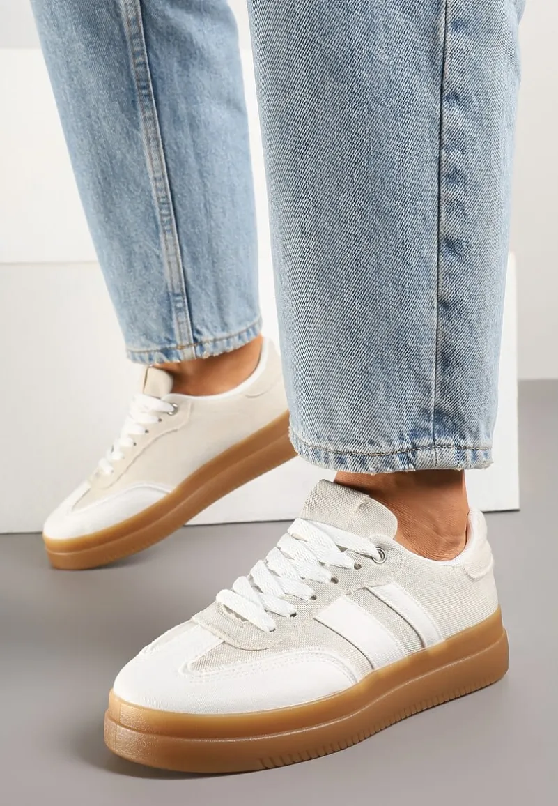 Biało-Beżowe Sneakersy Tenisówki Ozdobione Paskami Falaviela