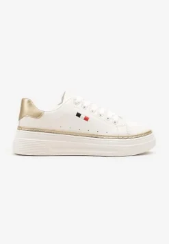Biało-Beżowe Sznurowane Sneakersy na Płaskiej Podeszwie z Lamówką Fedat