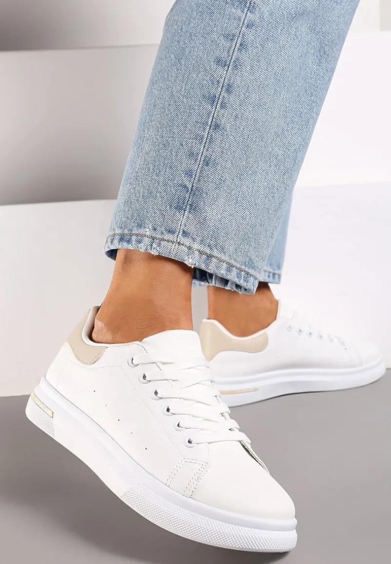 Biało-Beżowe Wiązane Sneakersy na Płaskiej Podeszwie z Modną Wstawką Zanelih