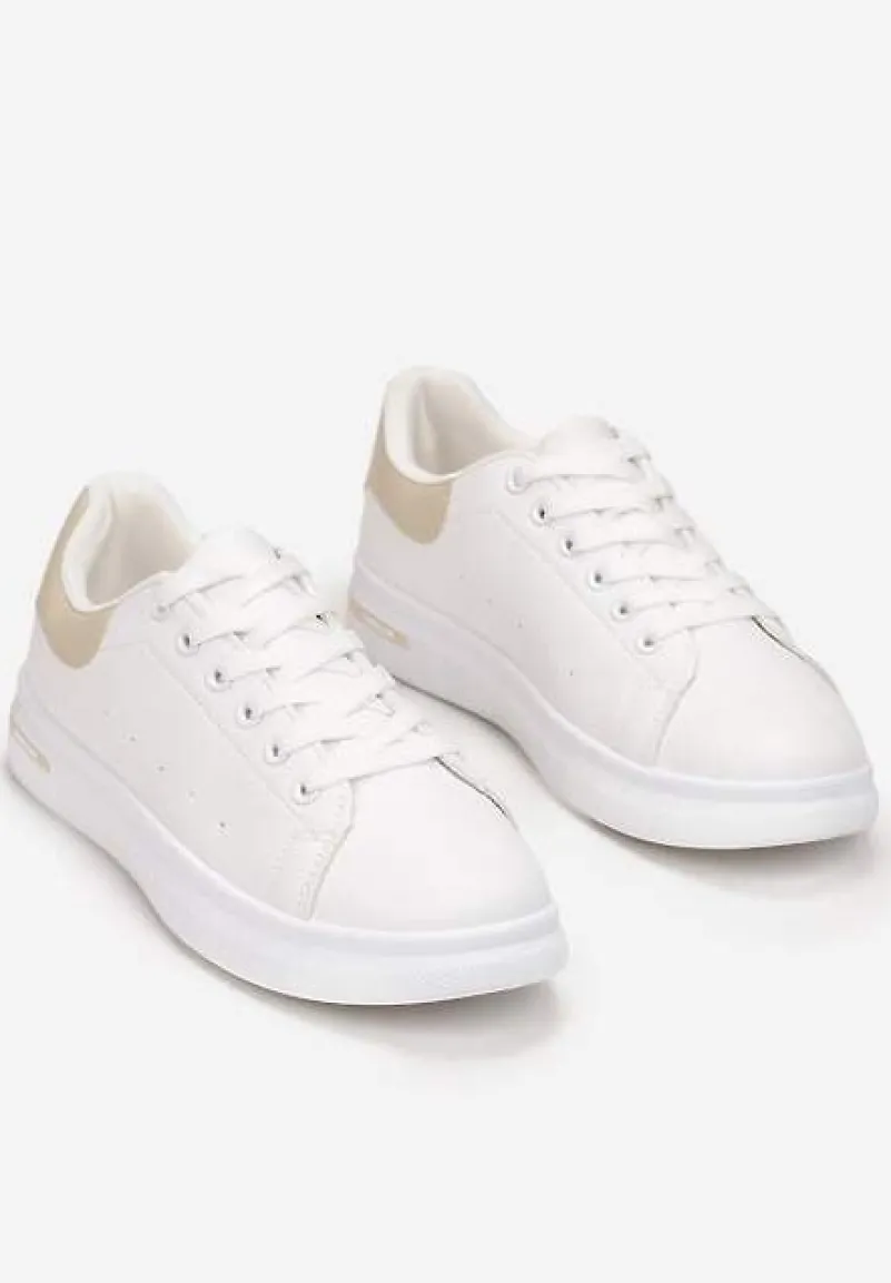 Biało-Beżowe Wiązane Sneakersy na Płaskiej Podeszwie z Modną Wstawką Zanelih