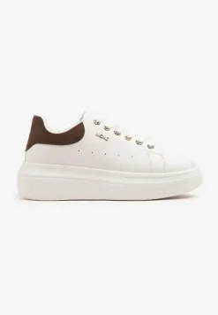 Biało-Brązowe Sneakersy na Niskim Koturnie Zdobione Metalicznymi Wstawkami Alirisa
