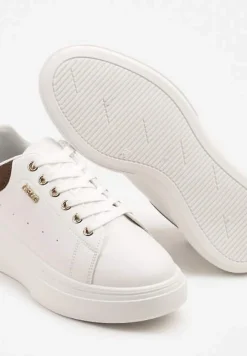 Biało-Brązowe Sneakersy na Niskim Koturnie Zdobione Metalicznymi Wstawkami Alirisa