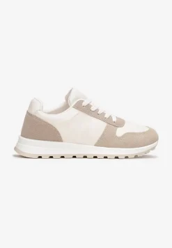Biało-Ciemnobeżowe Sznurowane Sneakersy na Płaskiej Podeszwie z Wycięciami i Wstawkami Zaylynn