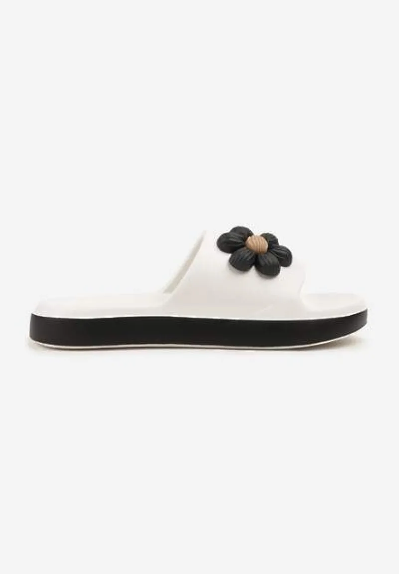 Biało-Czarne Klapki Piankowe Basenowe z Aplikacją Kwiatka Glemissea