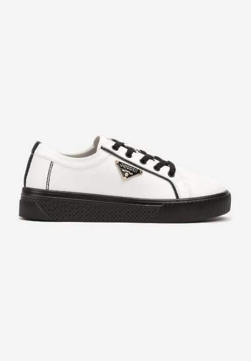 Biało-Czarne Sneakersy na Płaskiej Podeszwie ze Skóry z Metaliczną Ozdobą Melabra