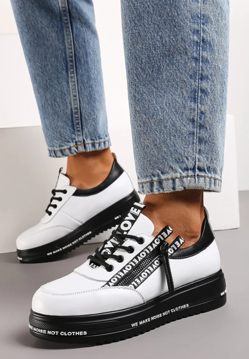 Biało-Czarne Sneakersy na Platformie ze Skórzaną Wkładką Zapinane z Boku na Zamek Błyskawiczny Urithas