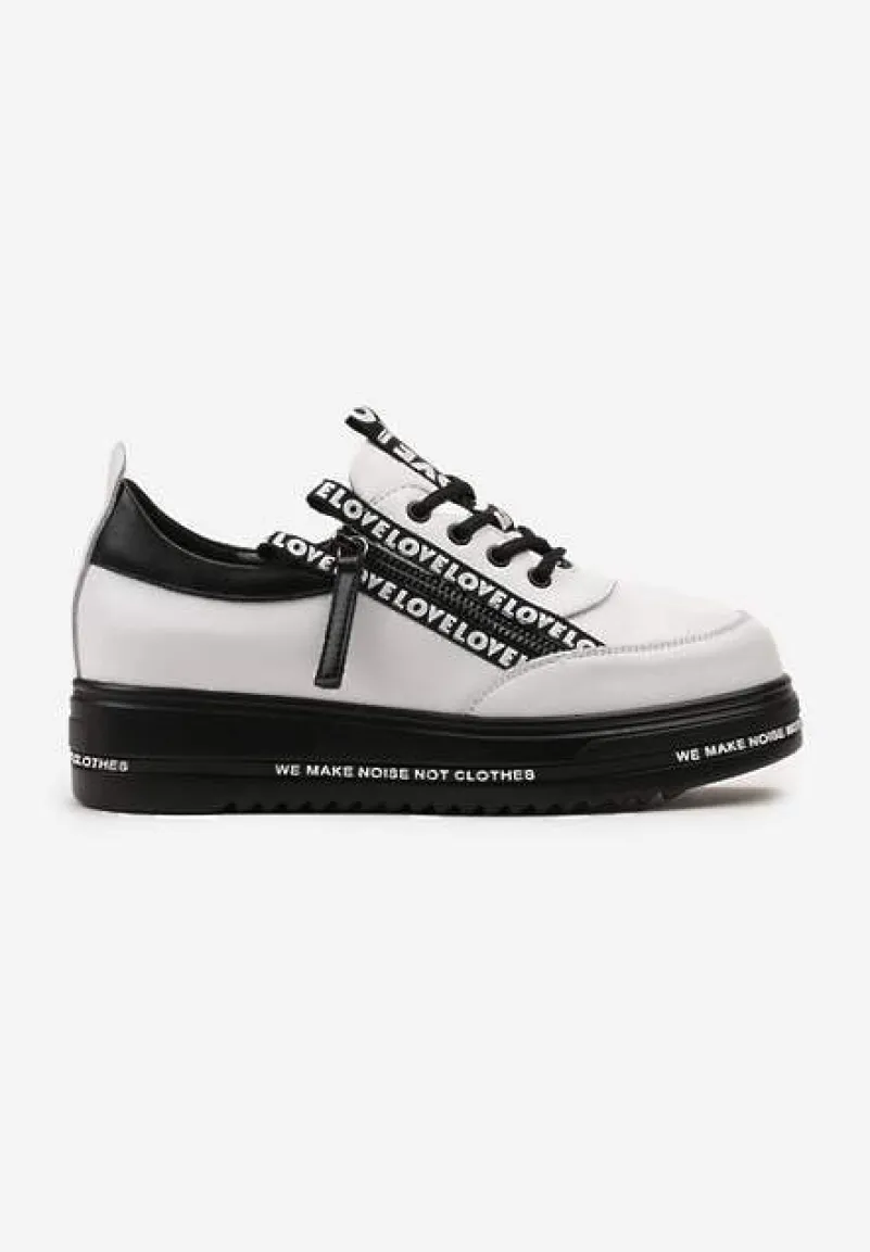 Biało-Czarne Sneakersy na Platformie ze Skórzaną Wkładką Zapinane z Boku na Zamek Błyskawiczny Urithas
