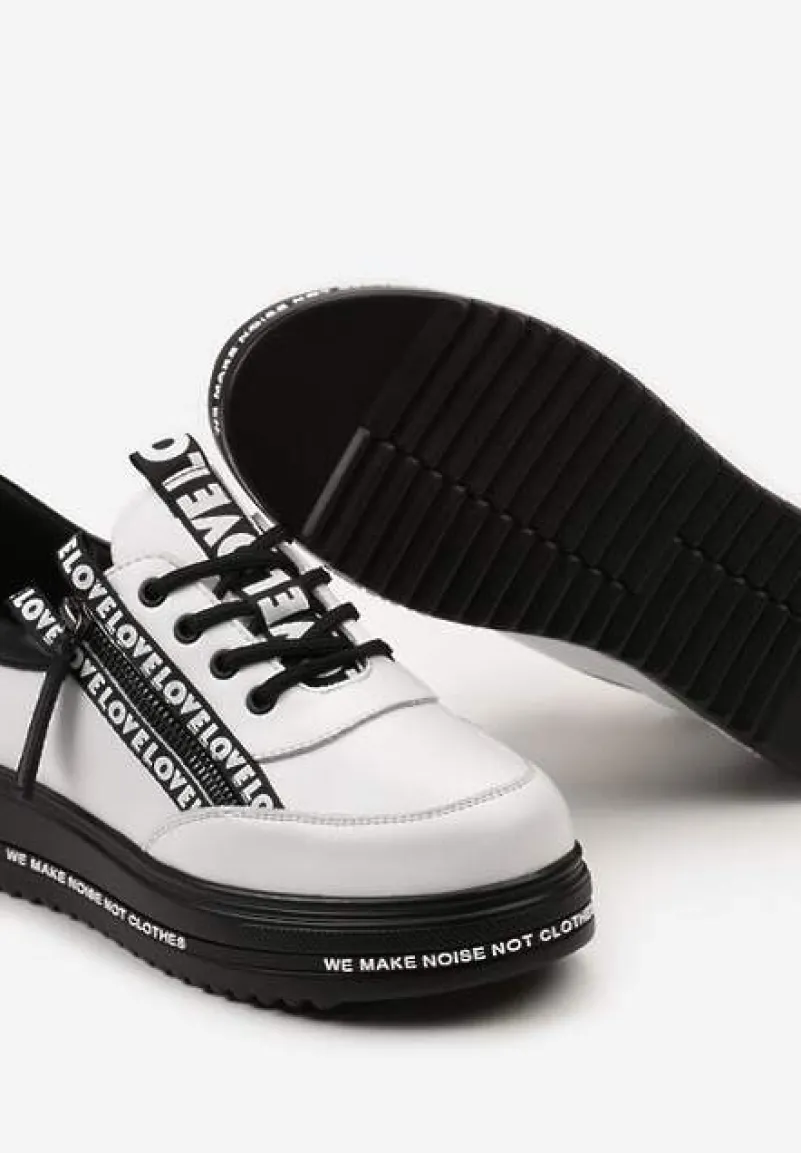 Biało-Czarne Sneakersy na Platformie ze Skórzaną Wkładką Zapinane z Boku na Zamek Błyskawiczny Urithas