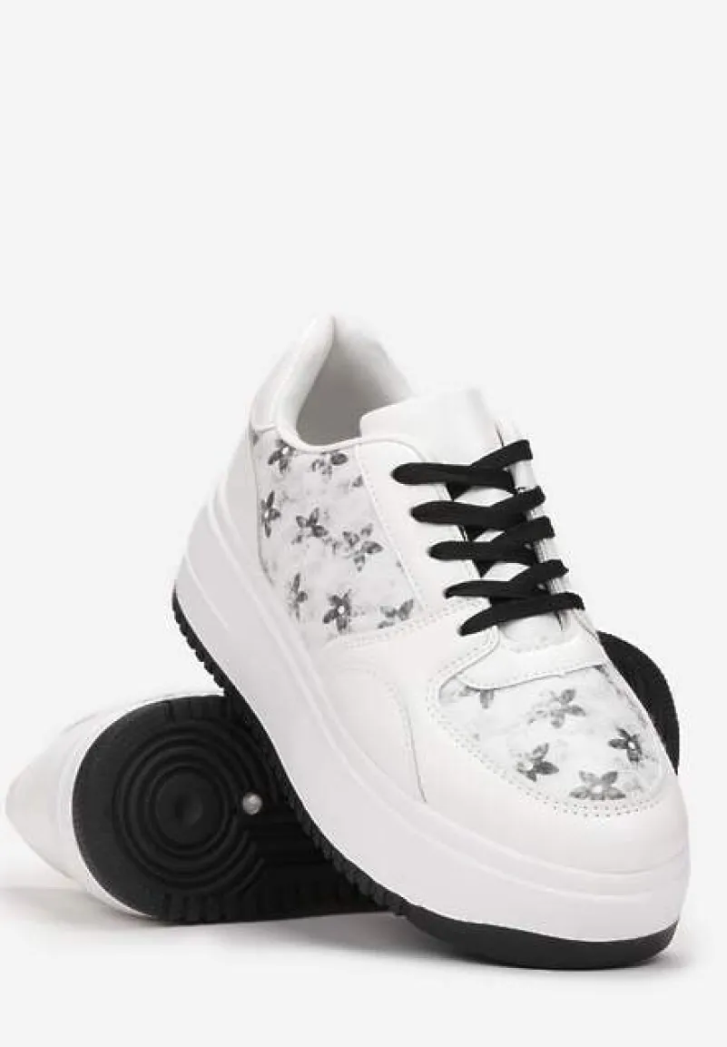 Biało-Czarne Sneakersy na Platformie z Nadrukiem w Kwiaty Chedora