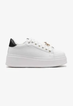 Biało-Czarne Sneakersy na Platformie z Metalowymi Zawieszkami i Cyrkoniami Nioko