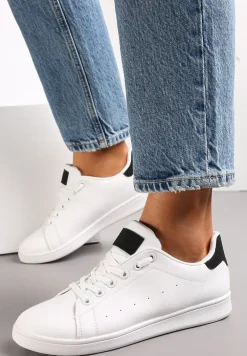 Biało-Czarne Wiązane Sneakersy na Płaskiej Podeszwie z Przeszyciami Ereath