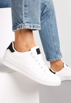 Biało-Czarne Wiązane Sneakersy na Płaskiej Podeszwie z Przeszyciami Ereath
