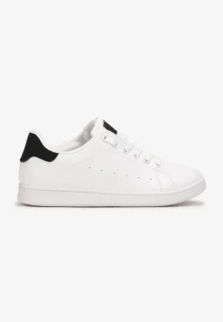 Biało-Czarne Wiązane Sneakersy na Płaskiej Podeszwie z Przeszyciami Ereath