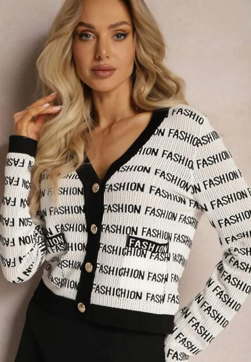 Biało-Czarny Krótki Kardigan z Napisami Fashion i Guzikami Winifa
