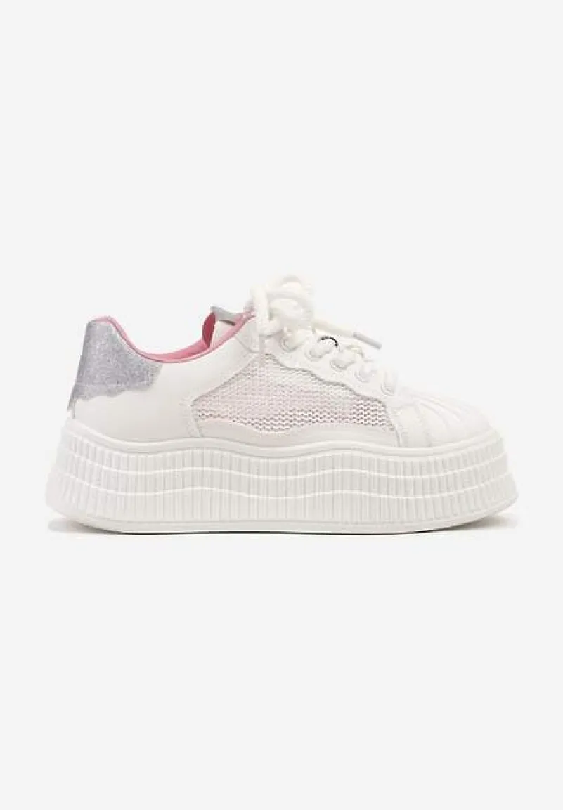 Biało-Fioletowe Sneakersy na Tłoczonej Platformie Elazia