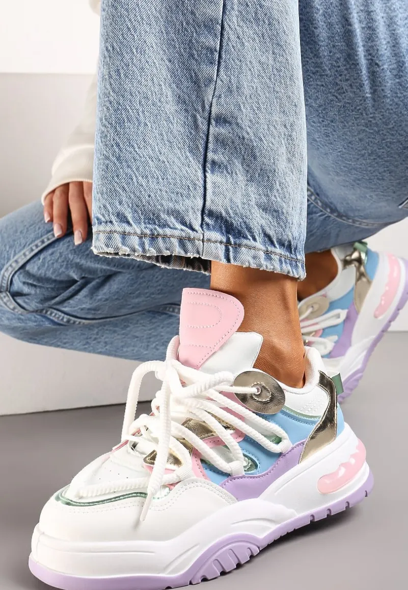 Biało-Fioletowe Sneakersy Ozdobione Kolorowymi i Metalicznymi Wstawkami na Grubej Podeszwie Oplevia