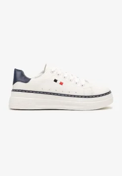 Biało-Granatowe Basicowe Sneakersy na Platformie Ozdobione Metalicznymi Wstawkami Vaiden